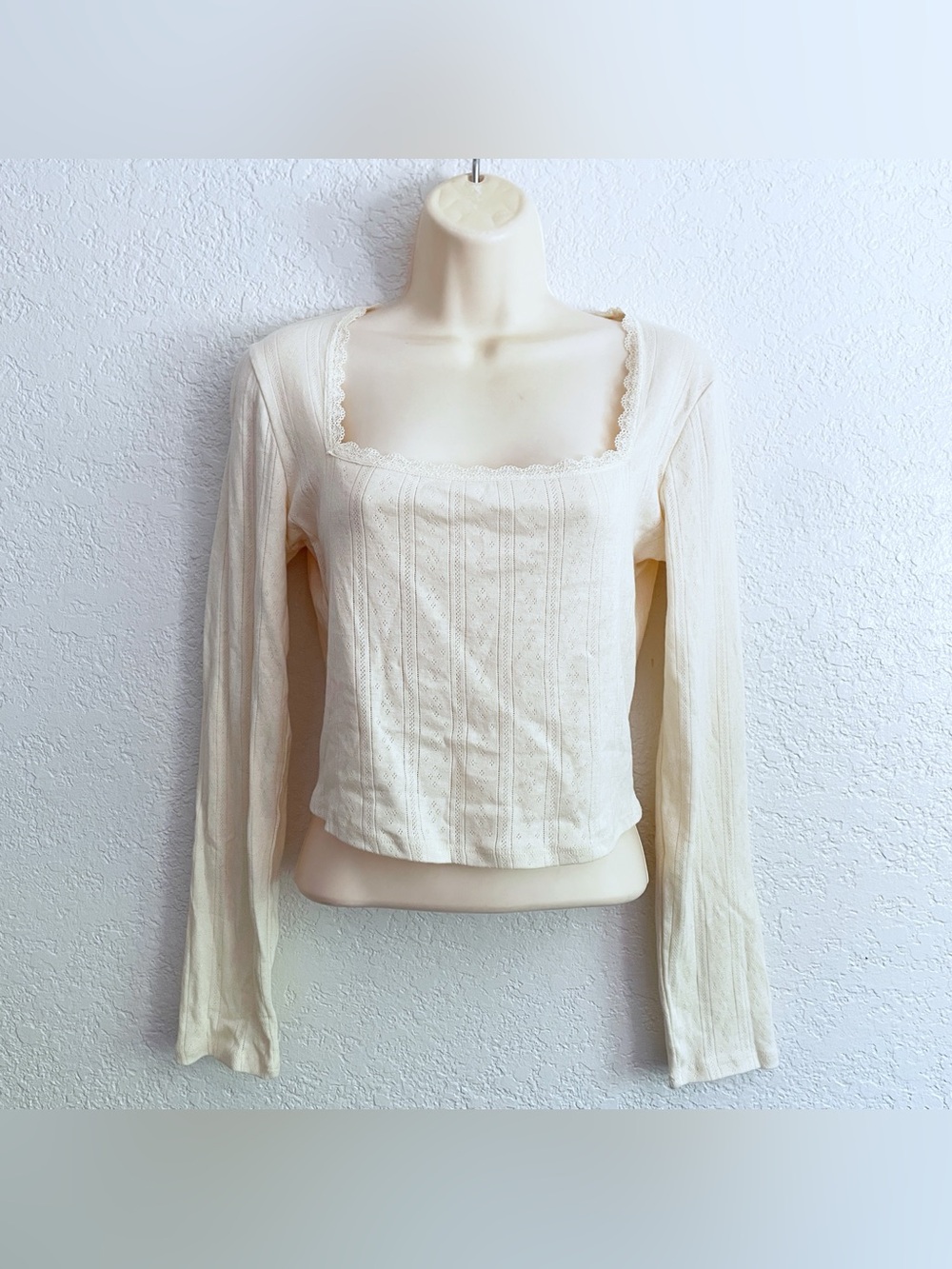 NWT Cream Square-Neck Ribbed Long-Sleeve Top Large Lace Trim Coquette Soft Girl